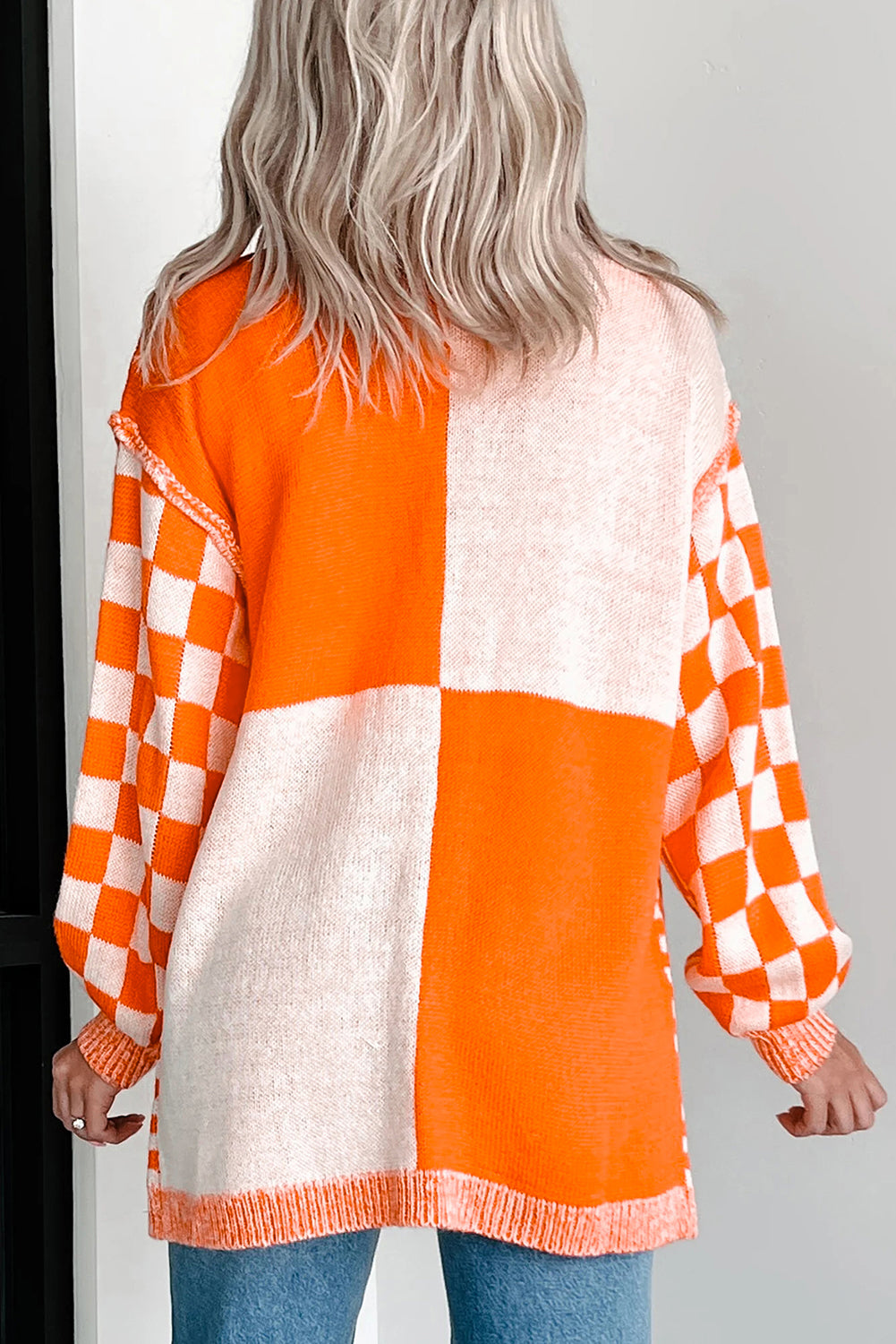 Orange Checkered Bubble Sleeve Drop Shoulder Open Cardigan Plus Size Sweaters & Cardigans JT's Designer Fashion