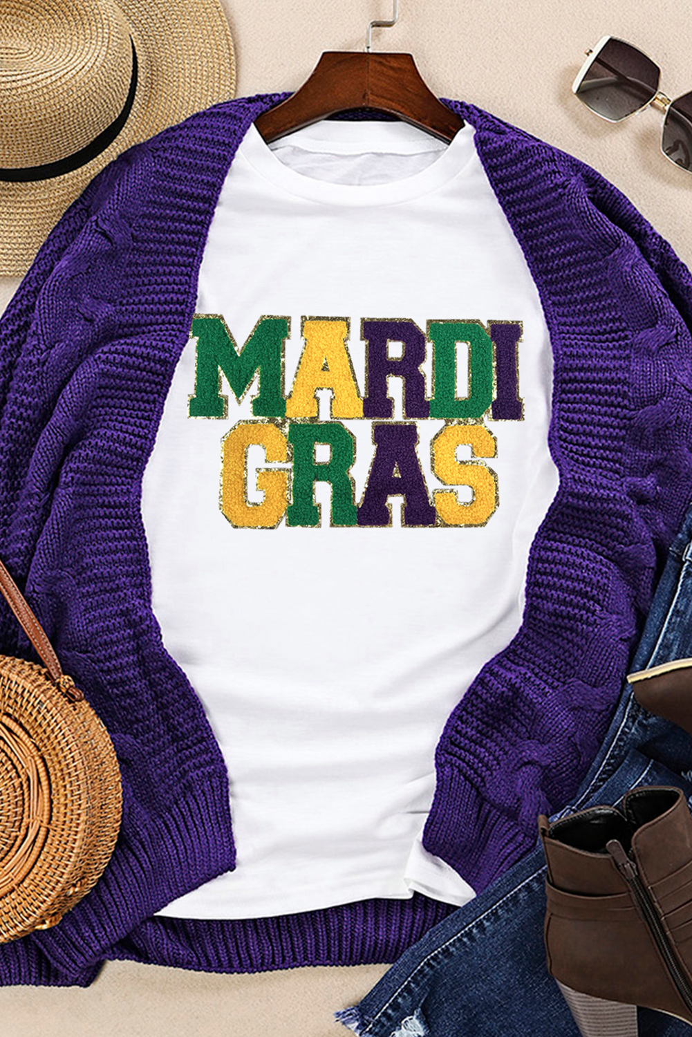 White Chenille MARDI GRAS Patched Graphic T Shirt Graphic Tees JT's Designer Fashion