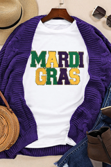 White Chenille MARDI GRAS Patched Graphic T Shirt Graphic Tees JT's Designer Fashion