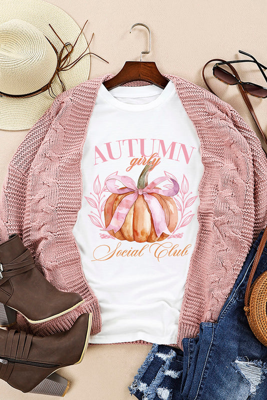 White Autumn Girly Thanksgiving Bowknot Pumpkin Graphic T Shirt Graphic Tees JT's Designer Fashion