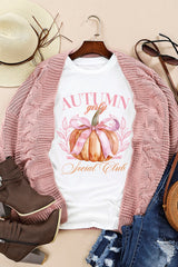 White Autumn Girly Thanksgiving Bowknot Pumpkin Graphic T Shirt Graphic Tees JT's Designer Fashion