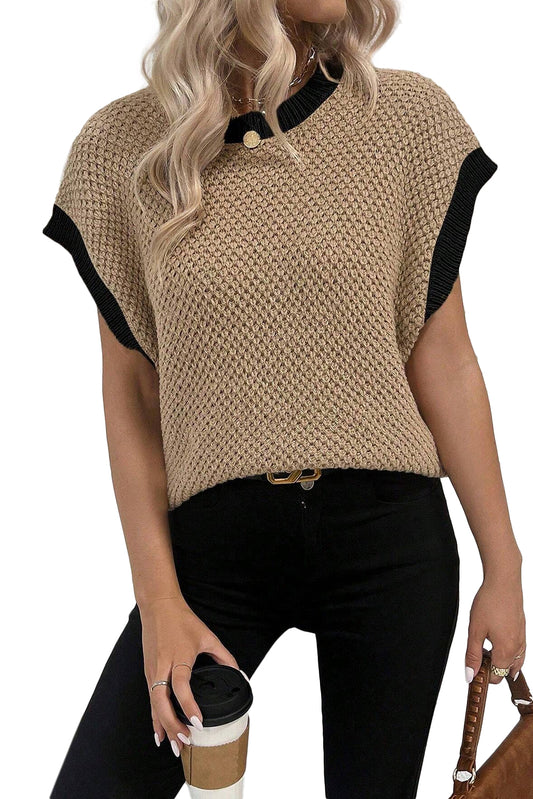 Light French Beige Contrast Trim Round Neck Batwing Sleeve Sweater Top Sweaters & Cardigans JT's Designer Fashion