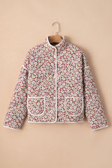Pink Floral Print Contrast Edge Pocketed Stand Neck Jacket Jackets JT's Designer Fashion