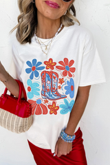 White Floral Cowgirl Boots Print Independence Day T Shirt Graphic Tees JT's Designer Fashion