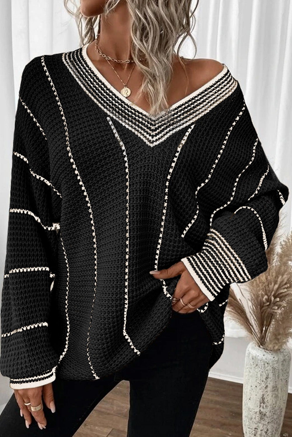 Black Colorblock Striped V Neck Knitted Loose Sweater Black 100%Acrylic Sweaters JT's Designer Fashion