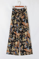 Multicolour Floral Shirred High Waist Wide Leg Pants with Tie Pants & Culotte JT's Designer Fashion