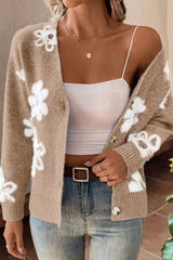 Smoke Gray Floral Print V Neck Knitted Button up Cardigan Cardigans JT's Designer Fashion