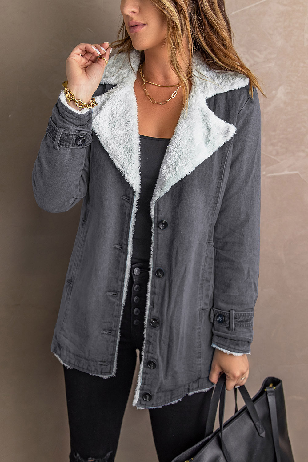 Gray Lapel Collar Button Fleece Jacket Jackets JT's Designer Fashion