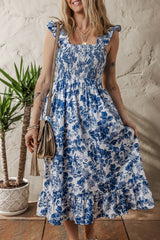 Blue Floral Ruffle Strap Square Neck Smocked Bodice Midi Dress Blue 100%Viscose Floral Dresses JT's Designer Fashion