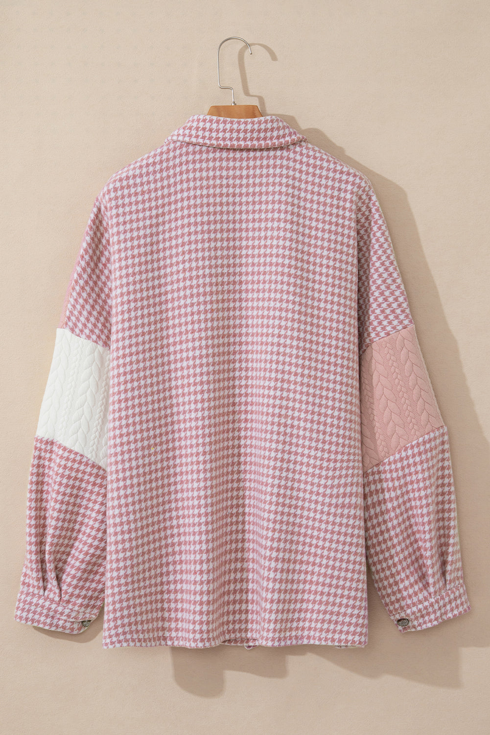 Pink Houndstooth Color Contrast Textured Patchwork Loose Shacket Jackets JT's Designer Fashion