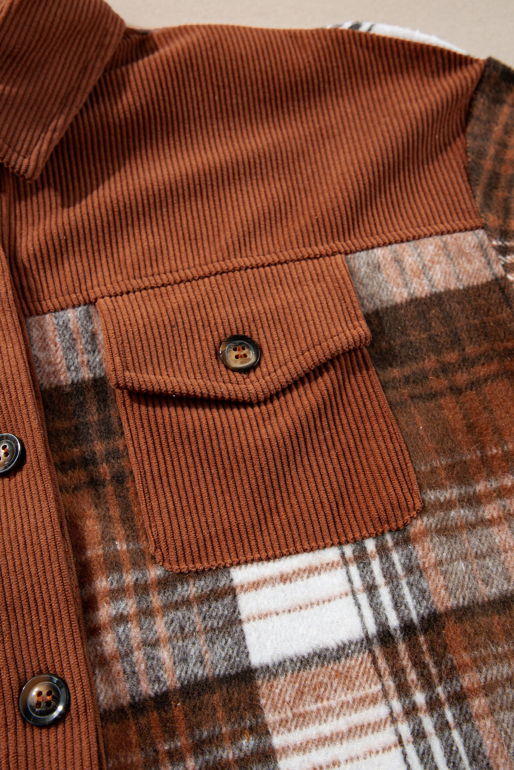 Cinnamon Plaid Corduroy Patchwork Chest Pocket Shacket Plaid Shackets JT's Designer Fashion