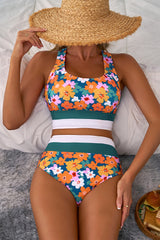 Green Floral Print Racerback Cutout High Waist 2pcs Bikini Bikinis JT's Designer Fashion