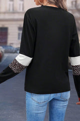 White Leopard Colorblock Patchwork Crew Neck Long Sleeve Tee Long Sleeve Tops JT's Designer Fashion
