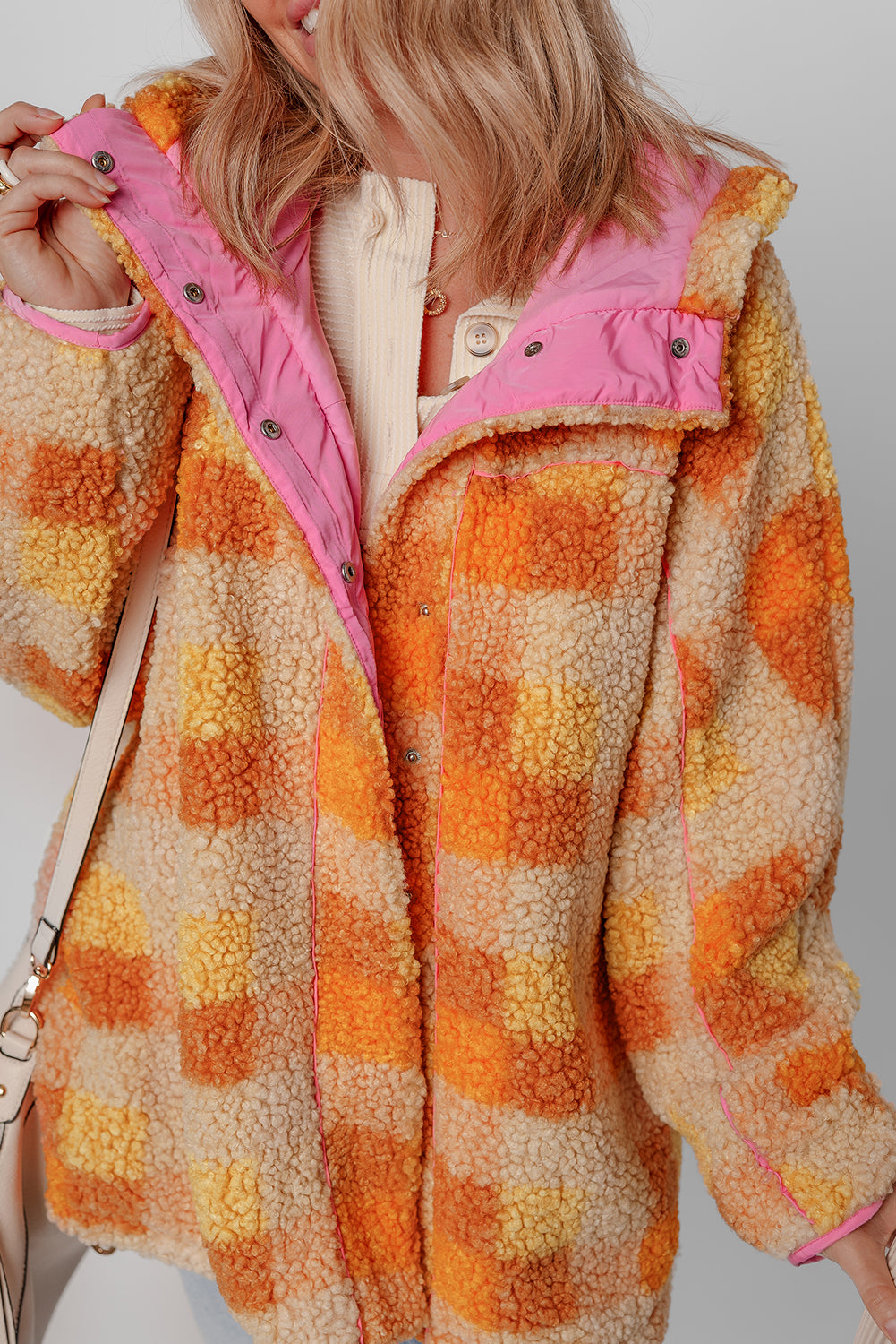 Orange Checkered Sherpa Hooded Jacket Jackets JT's Designer Fashion