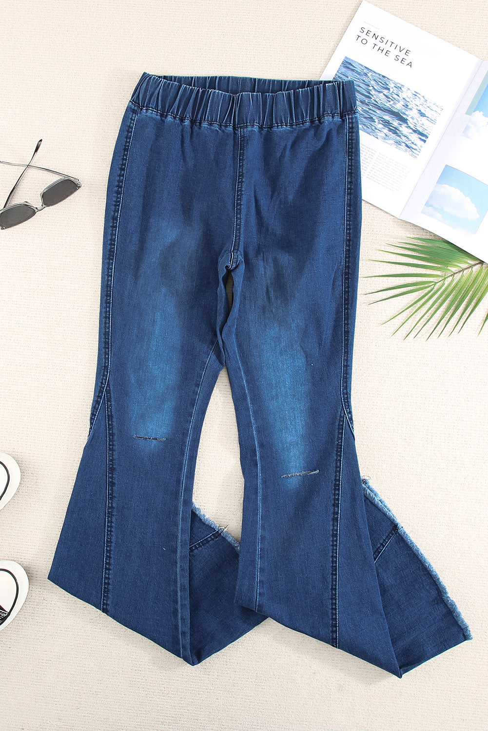 Sky Blue Distressed Bell Bottom Denim Pants Jeans JT's Designer Fashion