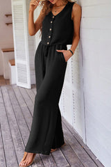 Black Buttoned Vest Drawstring Wide Leg Pants 2pcs Set Pant Sets JT's Designer Fashion