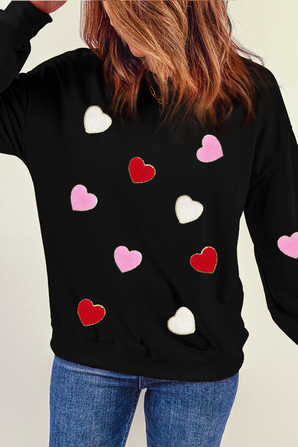Black Heart Shaped Chenille Embroidered Crew Neck Sweatshirt Graphic Sweatshirts JT's Designer Fashion