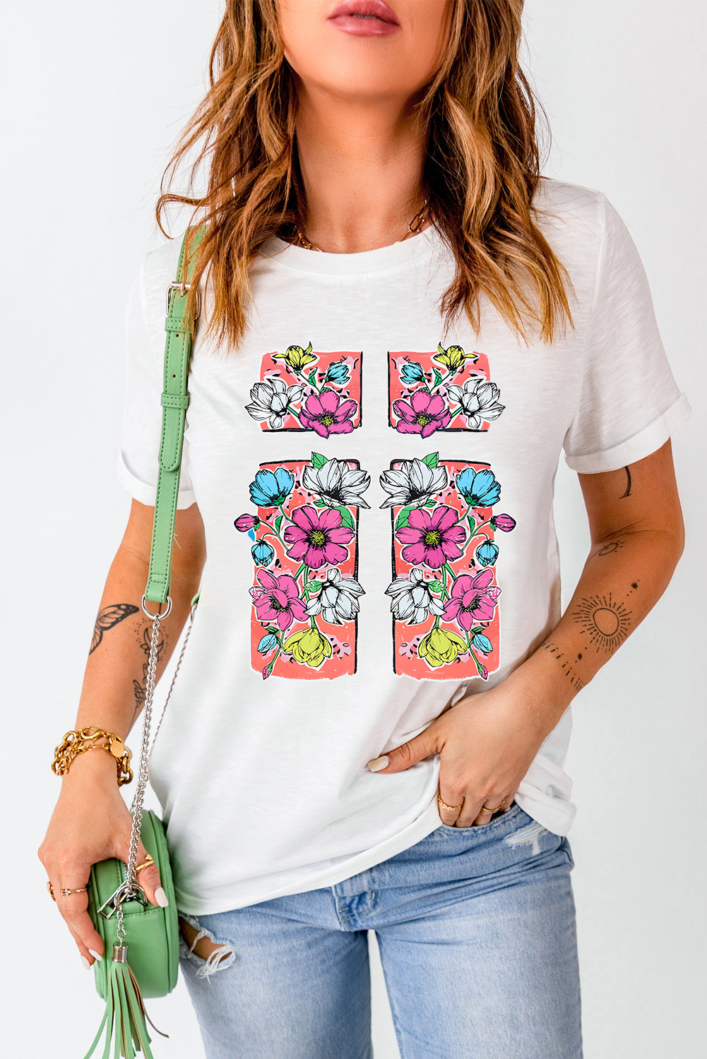 White Floral Crossed Graphic Easter Round Neck T Shirt Graphic Tees JT's Designer Fashion