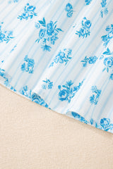 Sky Blue Floral Striped Print Contrast Patched Pocket Shirt and Shorts Set Short Sets JT's Designer Fashion