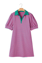 Rose Stripe Collared V Neck Puff Sleeve Shift T Shirt Dress with Pockets Plus Size Mini Dresses JT's Designer Fashion