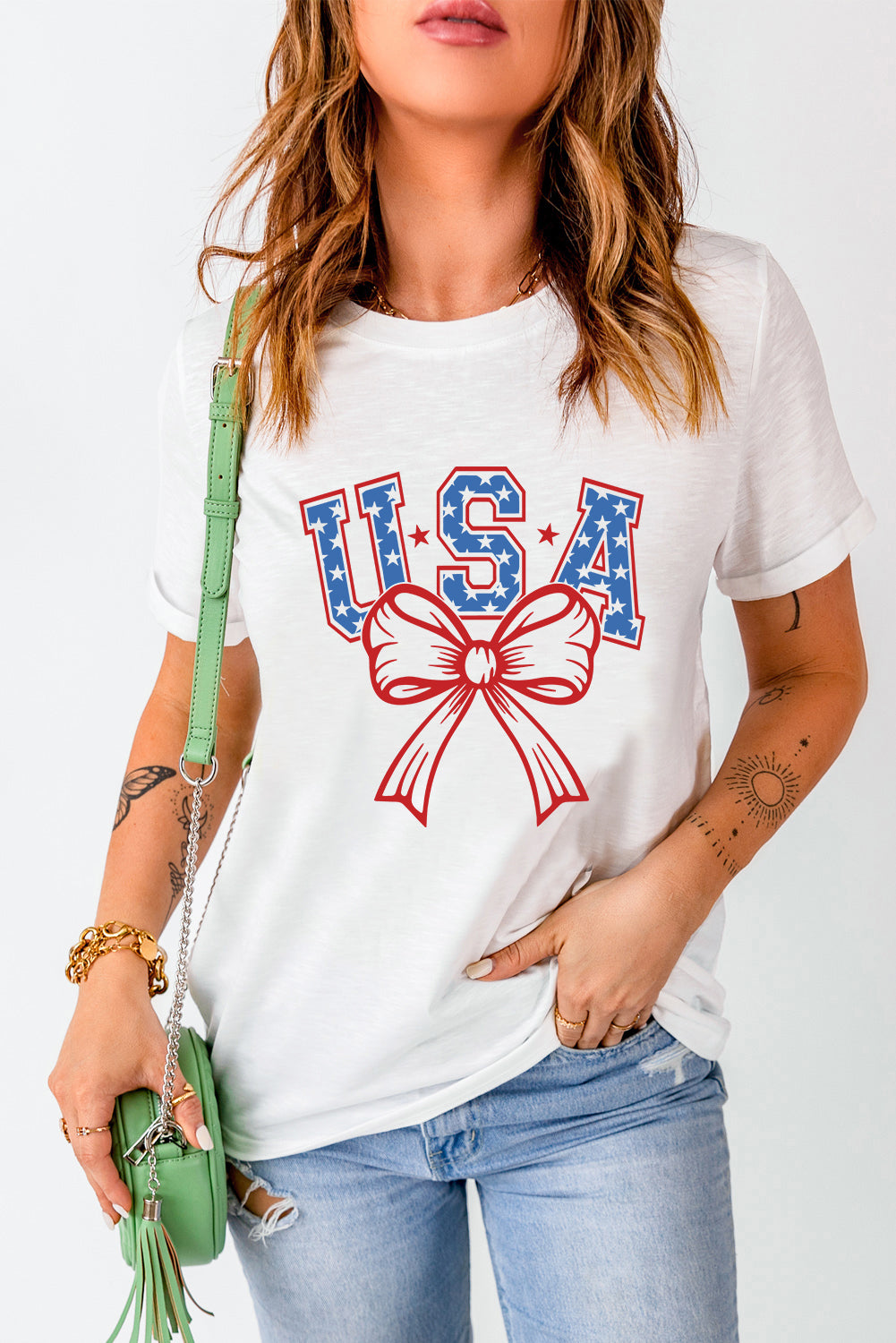 White USA Bow Letter Graphic Short Sleeve Top Graphic Tees JT's Designer Fashion