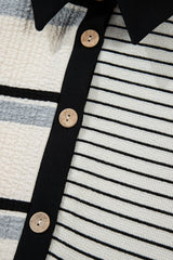 Black Stripe Colorblock Knit Henley Collar Shift Long Sleeve Mini Dress Mini Dresses JT's Designer Fashion