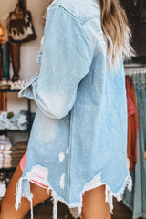 Beau Blue Mineral Wash Distressed Frayed Long Denim Jacket Denim Jackets JT's Designer Fashion
