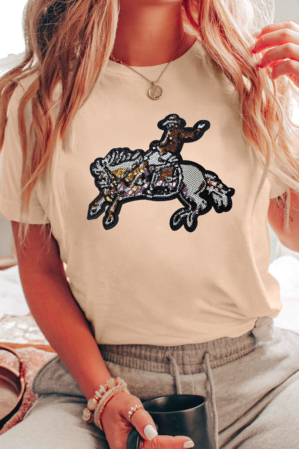 Khaki Sequin Rodeo Graphic Crewneck Tee Graphic Tees JT's Designer Fashion