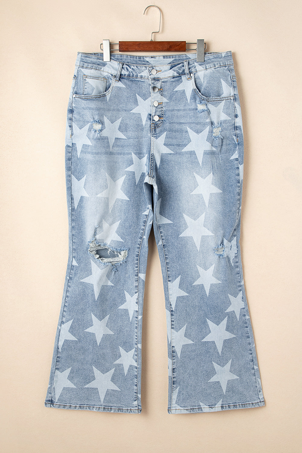 Sky Blue Star Printed Multi Buttons Slit Knee Destroyed Plus Size Jeans Plus Size Bottoms JT's Designer Fashion