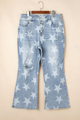 Sky Blue Star Printed Multi Buttons Slit Knee Destroyed Plus Size Jeans Plus Size Bottoms JT's Designer Fashion