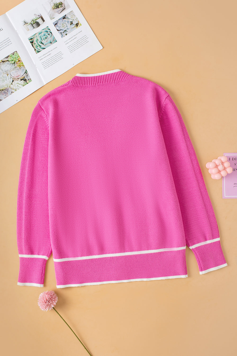 Bright Pink Color Contrast Side Pockets Button V Neck Cardigan Cardigans JT's Designer Fashion