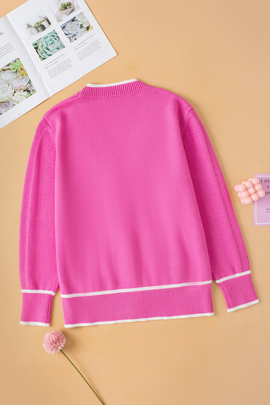Bright Pink Color Contrast Side Pockets Button V Neck Cardigan Cardigans JT's Designer Fashion