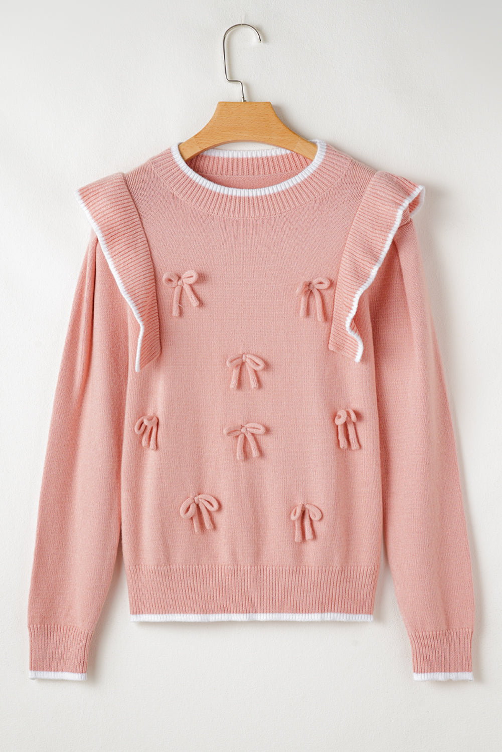 Light Pink Ruffled Bowknot Ribbed Trim Long Sleeve Sweater Sweaters JT's Designer Fashion