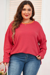 Orange Stripe Plus Size Drop Shoulder Long Sleeve Buttoned Decor Top Plus Size Long Sleeve Tops JT's Designer Fashion