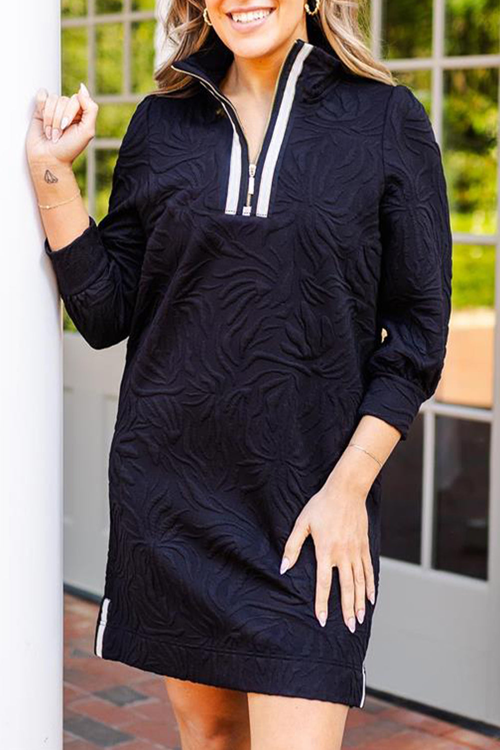 Black Jacquard Textured Quarter Zipper Shift Mini Dress Mini Dresses JT's Designer Fashion