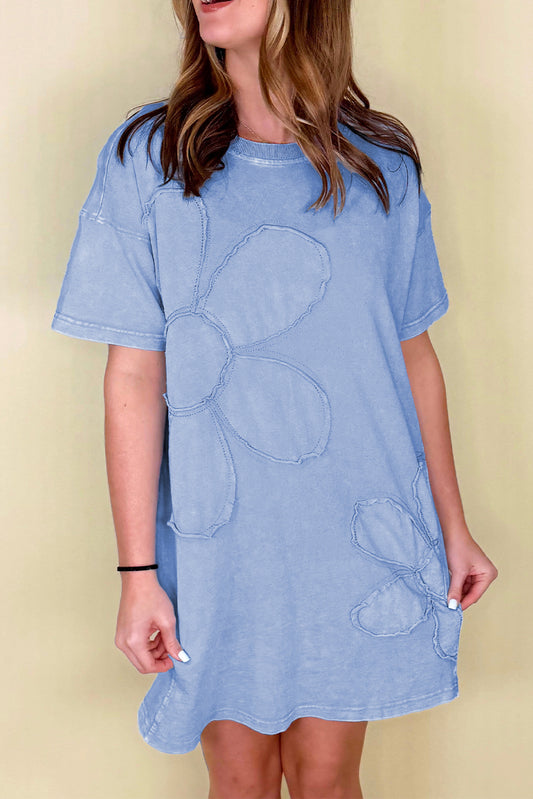 Sky Blue Mineral Wash Flower Patchwork Mini T Shirt Dress Sky Blue 100%Cotton T Shirt Dresses JT's Designer Fashion
