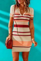 Apricot Striped Ribbed Knit V Neck Bodycon Mini Dress Bodycon Dresses JT's Designer Fashion