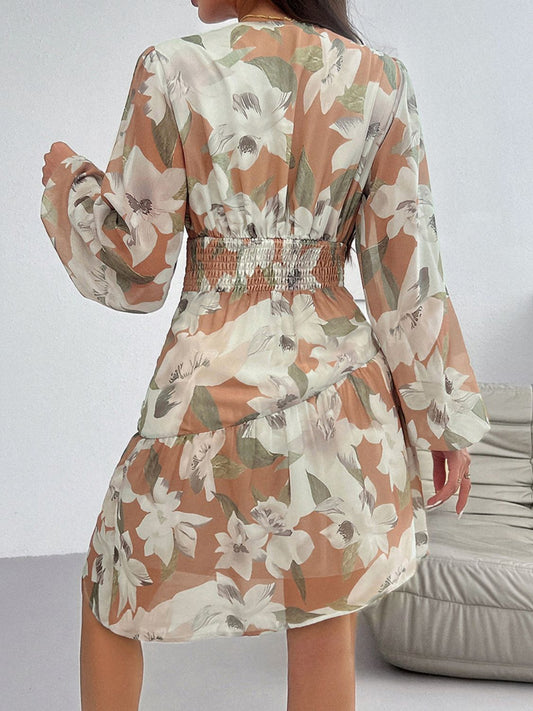 Smocked Printed Long Sleeve Dress Mini Dresses JT's Designer Fashion