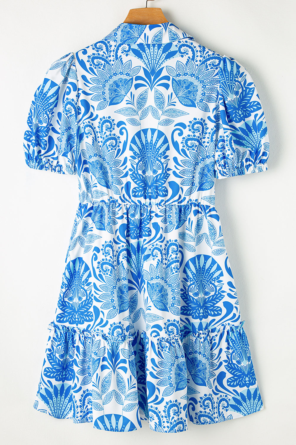 Sky Blue Retro Floral Print Drawstring Waist Ruffled Mini Dress Floral Dresses JT's Designer Fashion