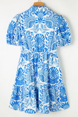 Sky Blue Retro Floral Print Drawstring Waist Ruffled Mini Dress Floral Dresses JT's Designer Fashion