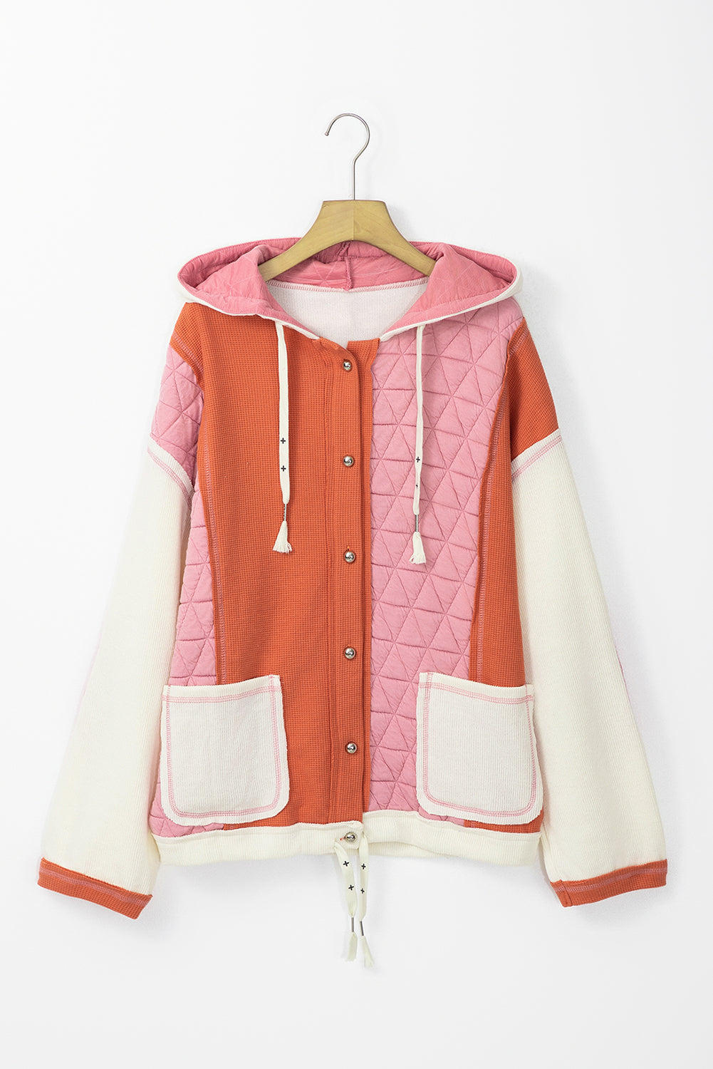 Coral Quilted Textured Patchwork Loose Fit Hooded Jacket Jackets JT's Designer Fashion
