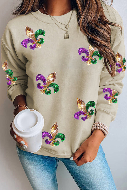 Khaki Sequin Mardi Gras Graphic Pullover Sweatshirt Khaki 50%Polyester+50%Cotton Graphic Sweatshirts JT's Designer Fashion