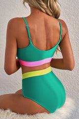 Sea Green Contrast Trim Colorblock Patchwork High Waisted Bikini High Waisted Swimsuit JT's Designer Fashion