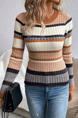 Brown Stripe Stylish Pattern Knitted Ribbed Trim Slim Sweater Sweaters JT's Designer Fashion