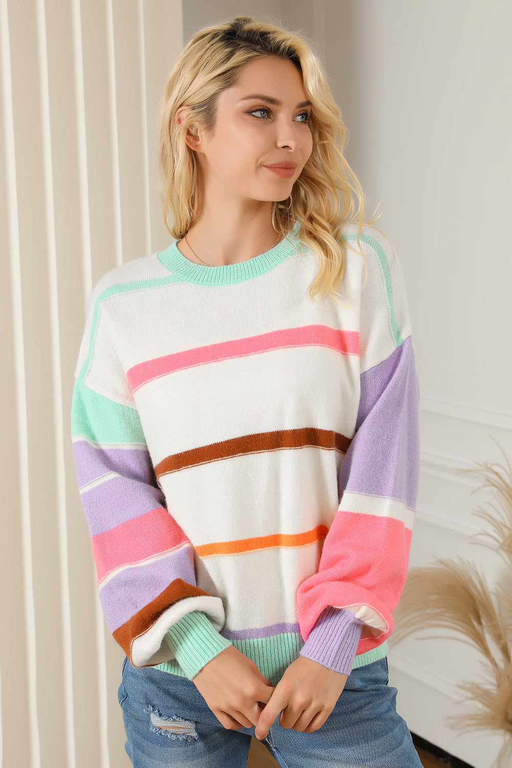 Multicolor Striped Colorblock Drop Shoulder Sweater Sweaters & Cardigans JT's Designer Fashion