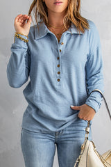 Sky Blue Button Front Turn-down Neck Knit Top Long Sleeve Tops JT's Designer Fashion