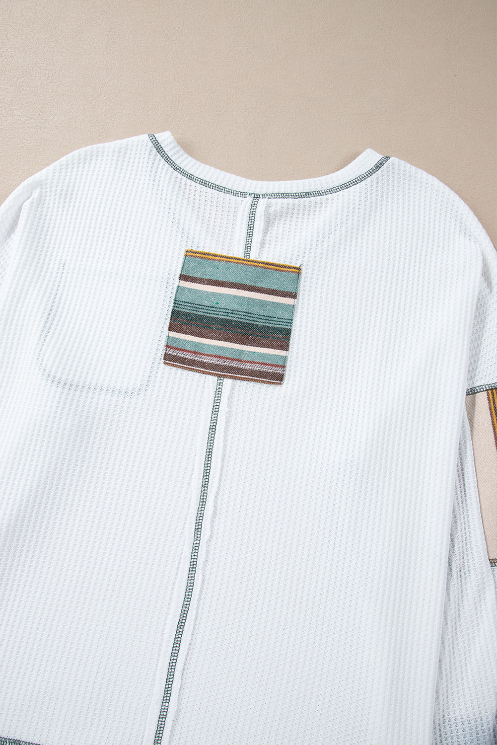 White Striped Patchwork Exposed Seam Waffle Knit Top Long Sleeve Tops JT's Designer Fashion