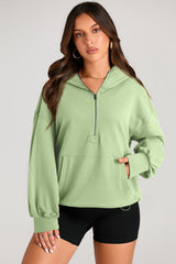 Smoke Green Solid Kangaroo Pocket Half Zipper Oversized Hoodie Sweatshirts & Hoodies JT's Designer Fashion