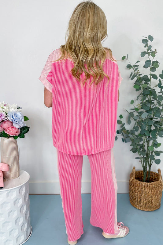 Sachet Pink 2-tone Colorblock Patchwork Corded 2pcs Outfit Pant Sets JT's Designer Fashion