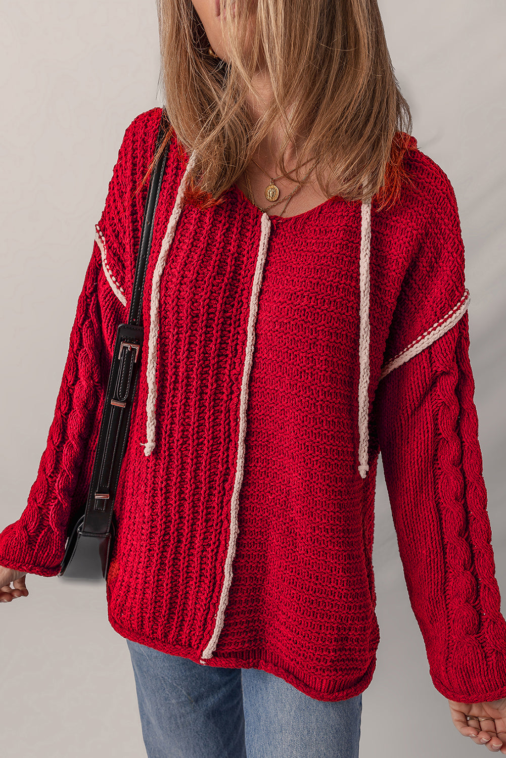 Racing Red Color Contrast Trim Textured Knit Drawstring Hooded Sweater Sweaters JT's Designer Fashion